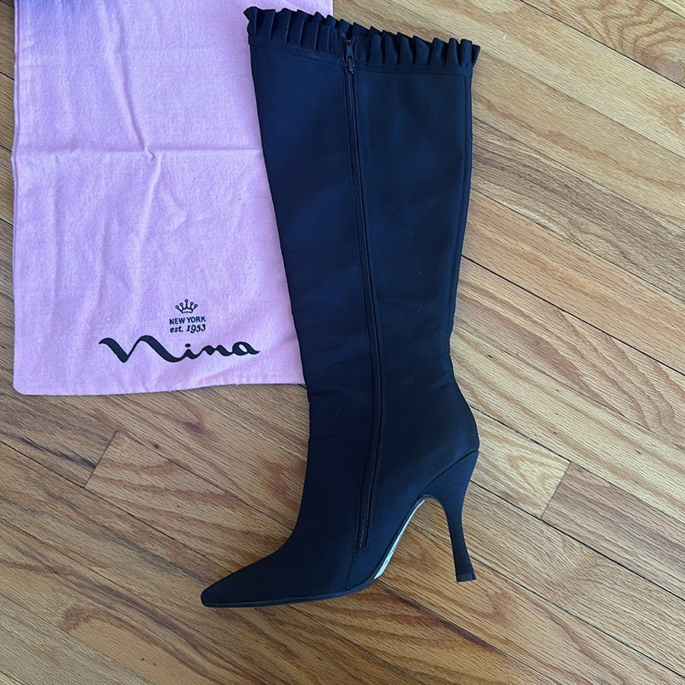 Nina Salie Knee Length Stiletto Boots Black Peau de Soie.  4 in heel.  Size 9M